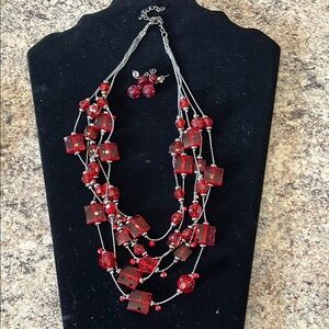 Elegant Red Beaded Necklace and Earring Set